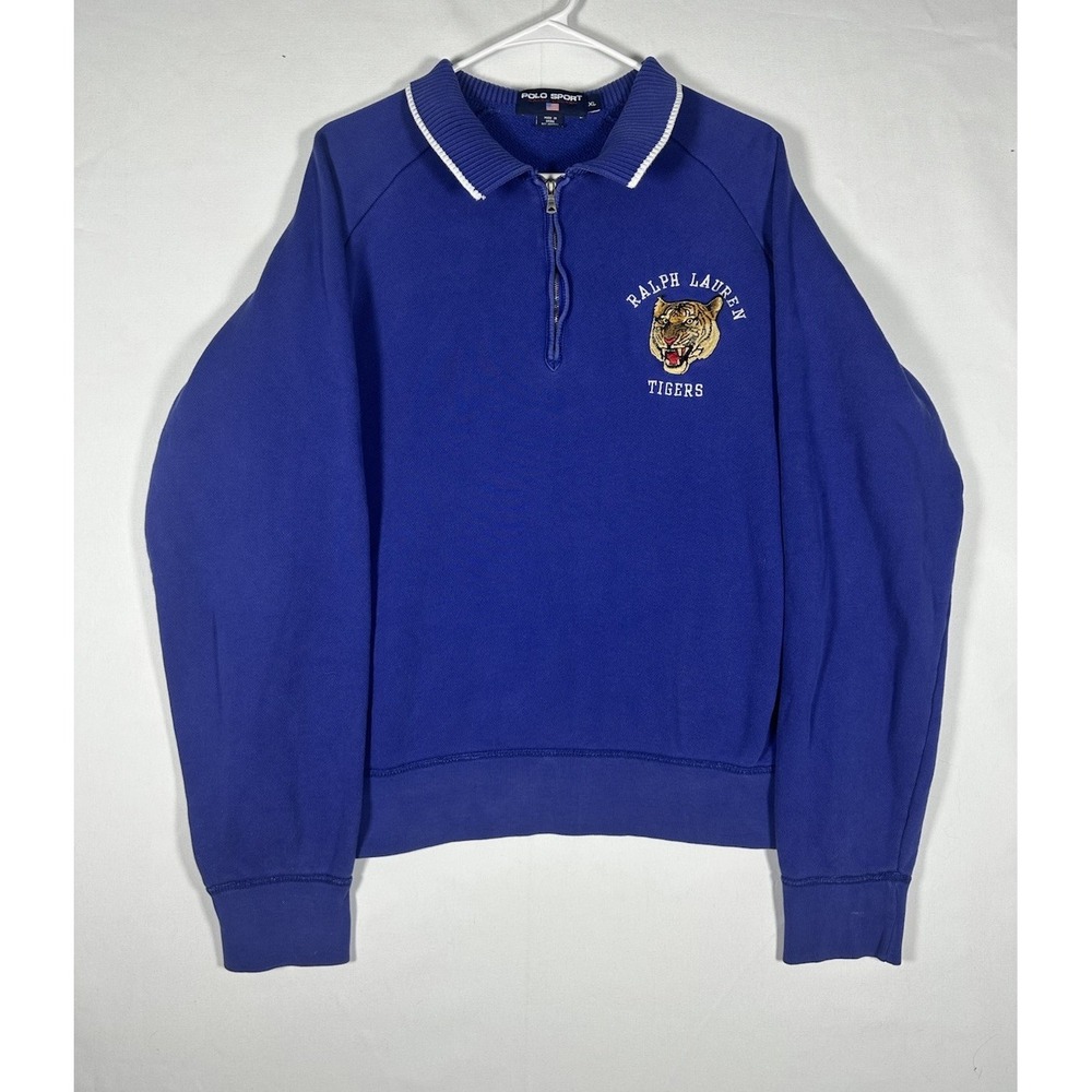 VTG Ralph Lauren Tigers Sweatshirt XL Blue USA Polo Sport Tiger Patch 90s Rare